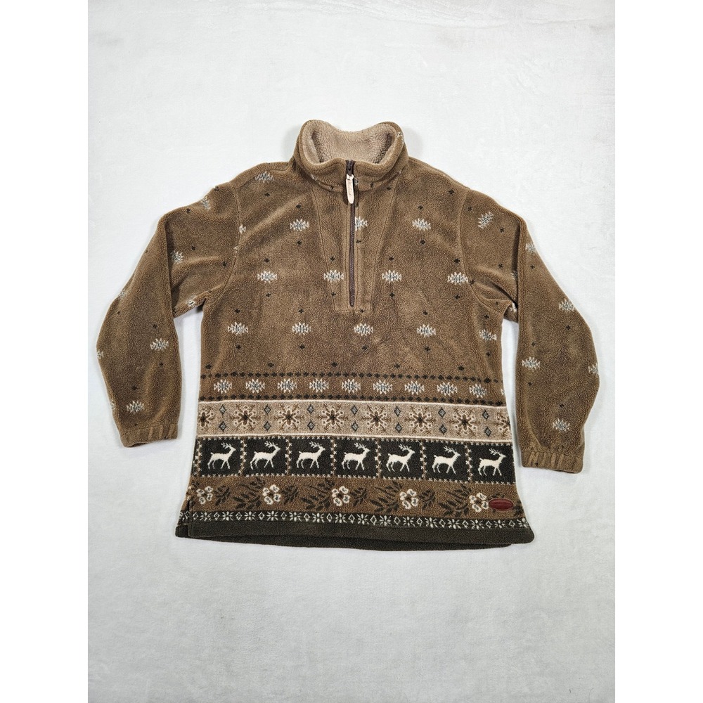 Woolrich Mens Brown Reindeer Fair Isle Fleece Quarter Zip Pullover Large USA